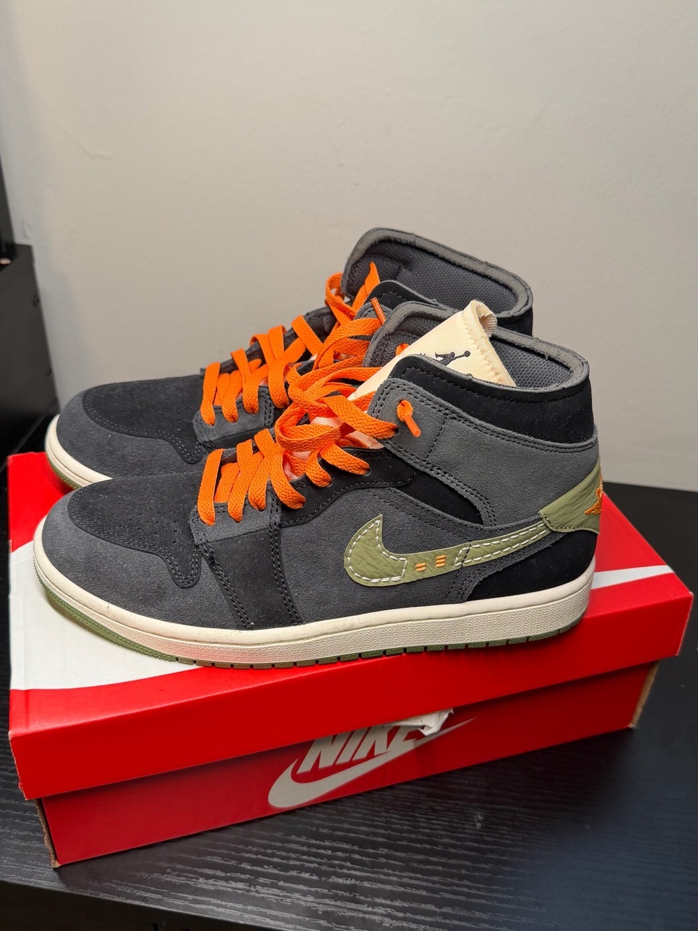 Jordan High-Top Sneakers in Black, Gray, Olive & Orange